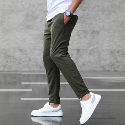 Men's Slim Fit Casual Drawstring Pants with Pockets – Mid-Waist Straight-Leg Trousers