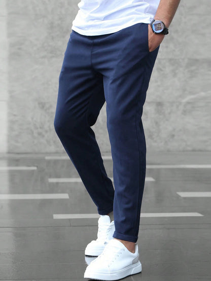 Men's Slim Fit Casual Drawstring Pants with Pockets – Mid-Waist Straight-Leg Trousers