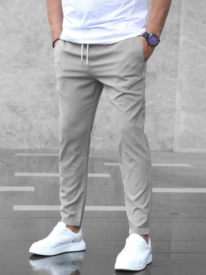 Men's Slim Fit Casual Drawstring Pants with Pockets – Mid-Waist Straight-Leg Trousers