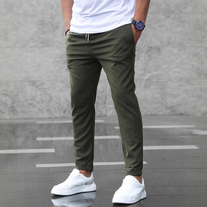 Men's Slim Fit Casual Drawstring Pants with Pockets – Mid-Waist Straight-Leg Trousers