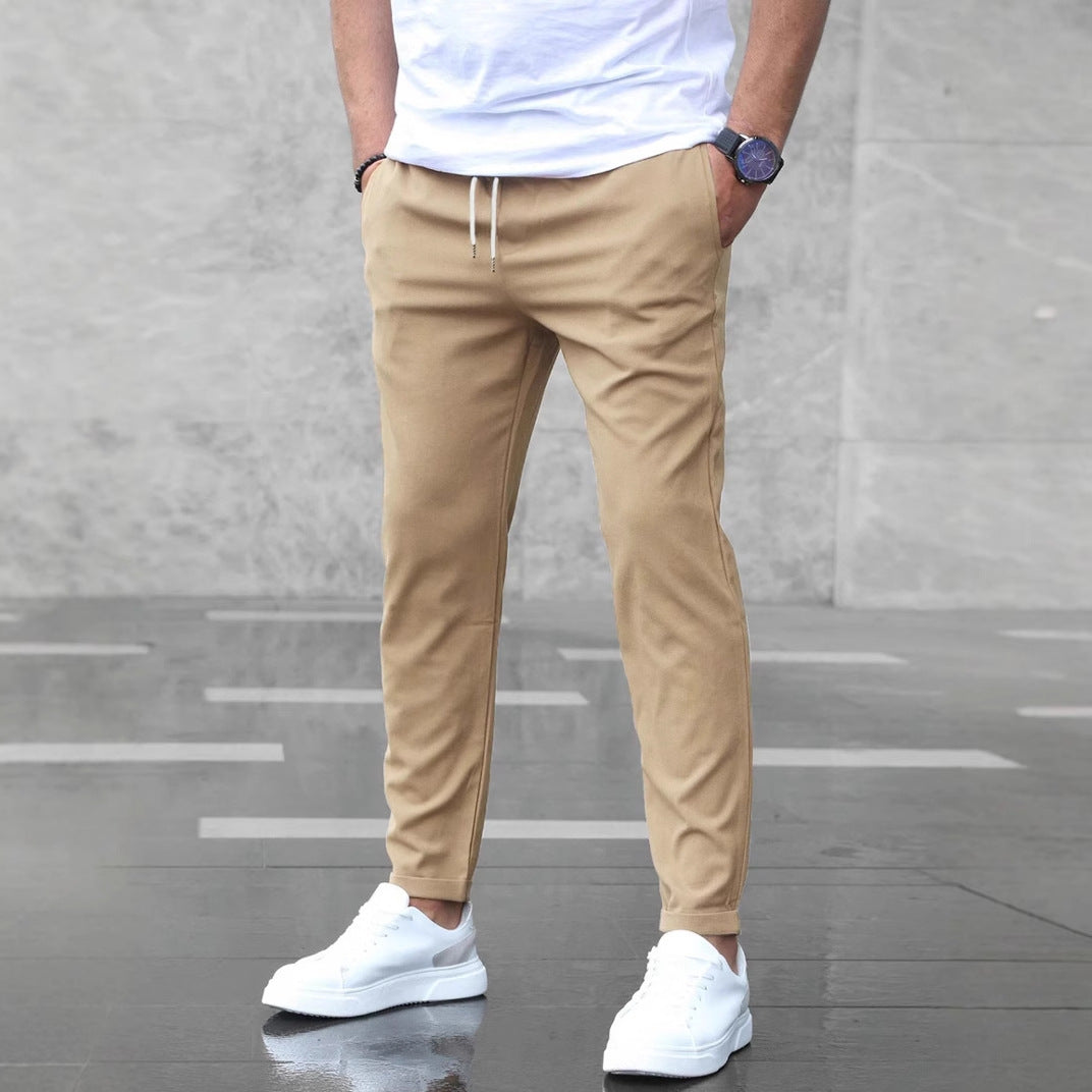 Men's Slim Fit Casual Drawstring Pants with Pockets – Mid-Waist Straight-Leg Trousers