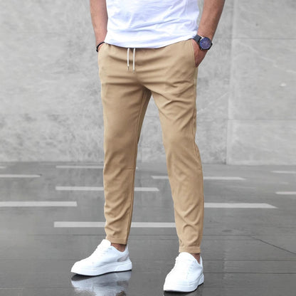 Men's Slim Fit Casual Drawstring Pants with Pockets – Mid-Waist Straight-Leg Trousers