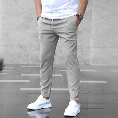 Men's Slim Fit Casual Drawstring Pants with Pockets – Mid-Waist Straight-Leg Trousers