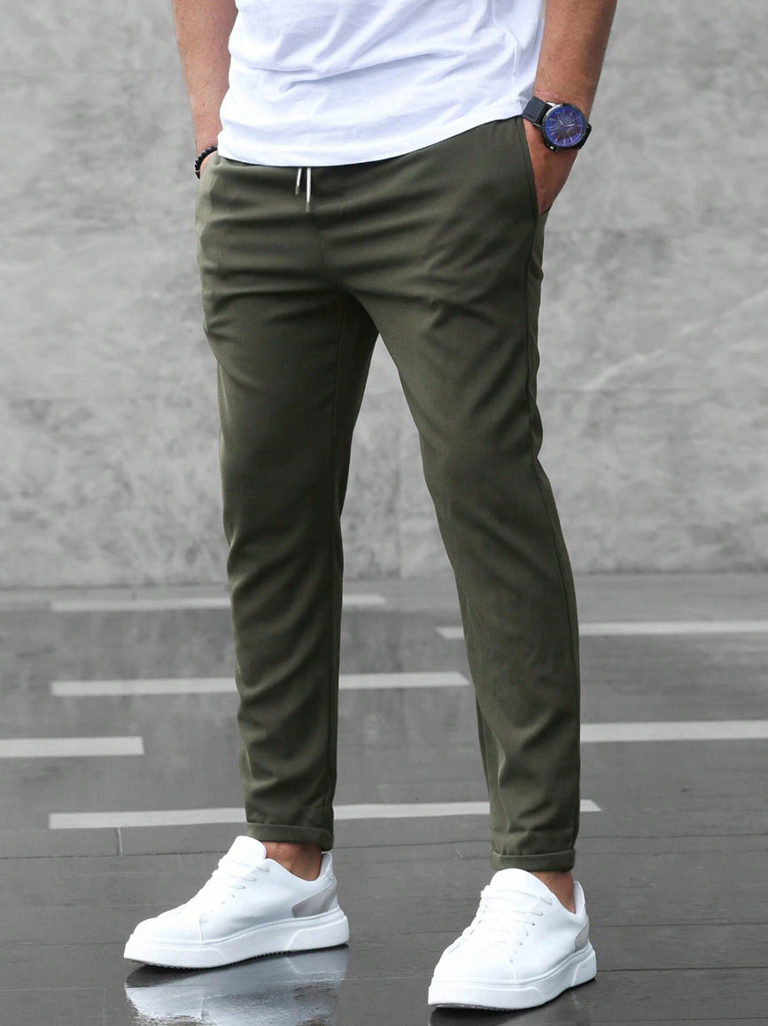 Men's Slim Fit Casual Drawstring Pants with Pockets – Mid-Waist Straight-Leg Trousers