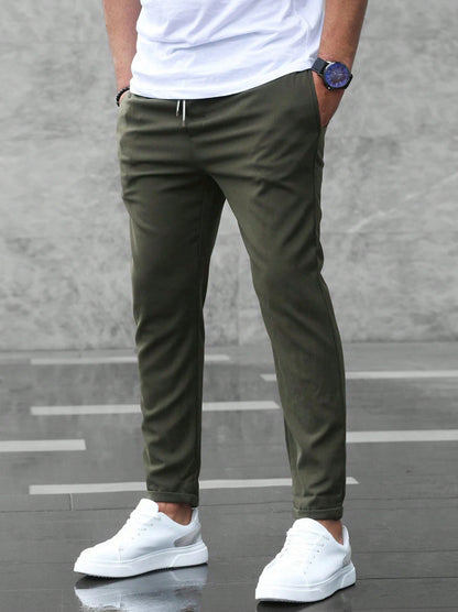Men's Slim Fit Casual Drawstring Pants with Pockets – Mid-Waist Straight-Leg Trousers
