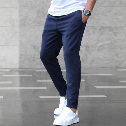 Men's Slim Fit Casual Drawstring Pants with Pockets – Mid-Waist Straight-Leg Trousers