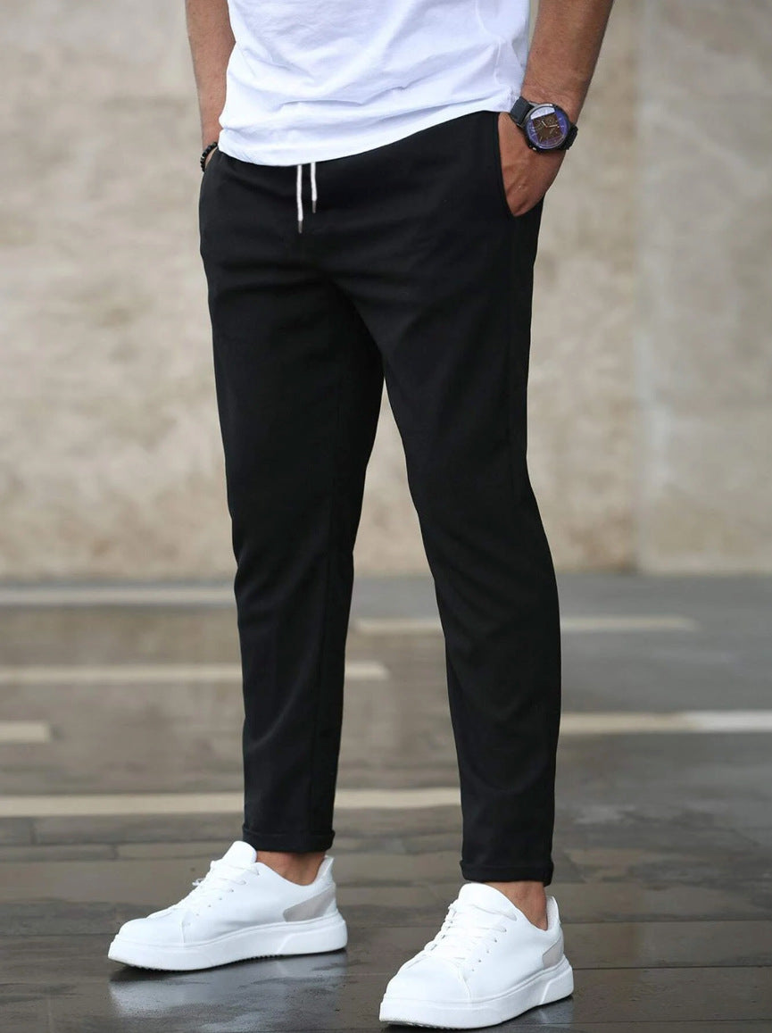 Men's Slim Fit Casual Drawstring Pants with Pockets – Mid-Waist Straight-Leg Trousers