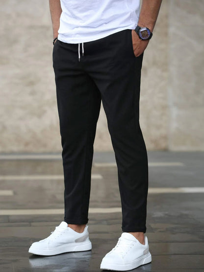 Men's Slim Fit Casual Drawstring Pants with Pockets – Mid-Waist Straight-Leg Trousers