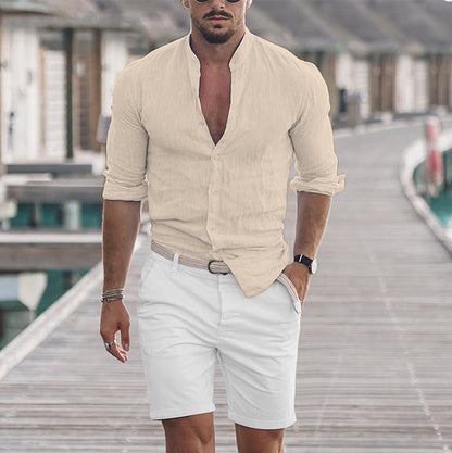 Men's Long Sleeve Button-Up Casual Solid Color Shirt for Spring & Autumn