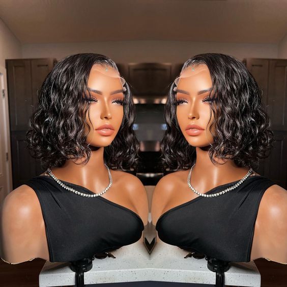 Frontal Human Hair Water Wave Bob Wig - Natural Look & Double Suction Design