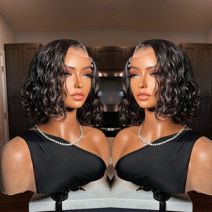 Frontal Human Hair Water Wave Bob Wig - Natural Look & Double Suction Design