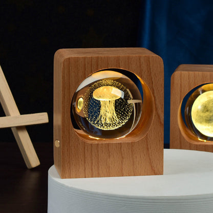 Beech Crystal Ball Night Light – 3D Laser Engraved Elk & Jellyfish LED Lamp with USB Dimming