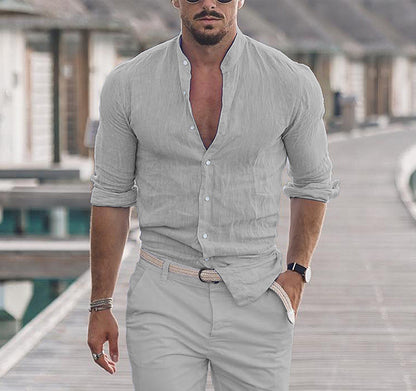 Men's Long Sleeve Button-Up Casual Solid Color Shirt for Spring & Autumn