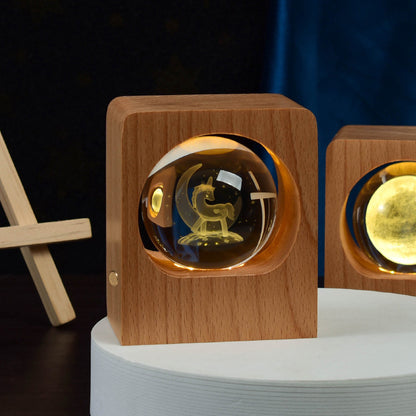 Beech Crystal Ball Night Light – 3D Laser Engraved Elk & Jellyfish LED Lamp with USB Dimming