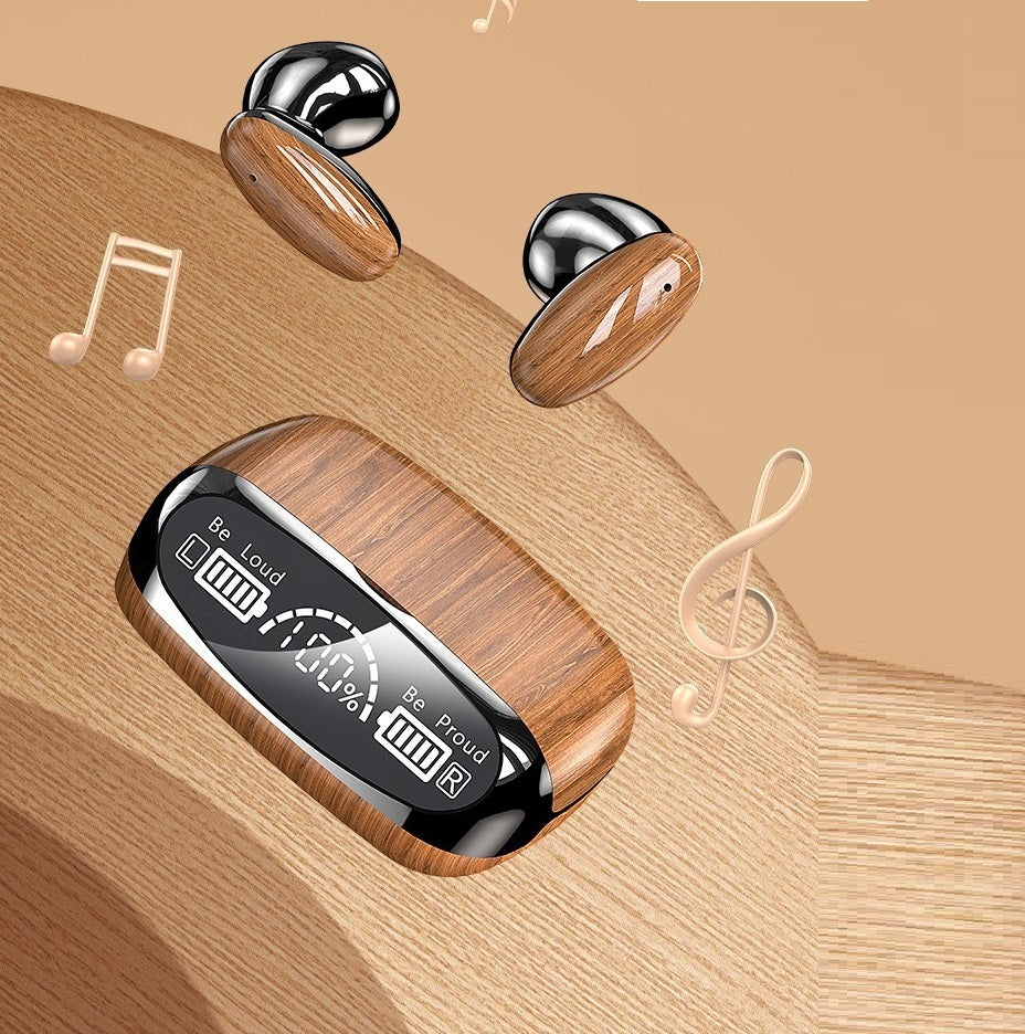 M35 Bluetooth Headset – Wood Grain TWS Earbuds with Noise Reduction & Power Display