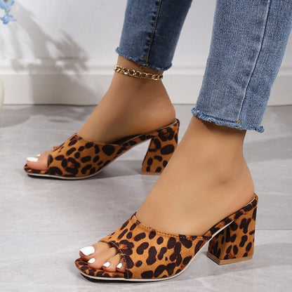 Leopard Square Toe High-Heeled Sandals - Chic Summer Style