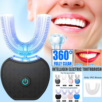 360° Intelligent Automatic Electric Toothbrush – U-Shaped, Whitening Blue Light, Waterproof, USB Charging
