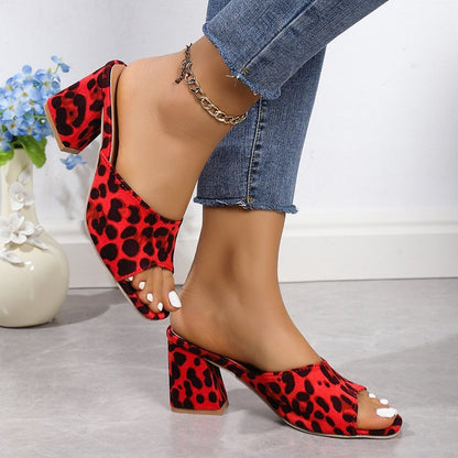 Leopard Square Toe High-Heeled Sandals - Chic Summer Style