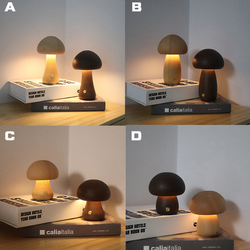 INS Wooden Mushroom LED Night Light – Touch-Controlled Bedside Lamp for Bedroom & Nursery