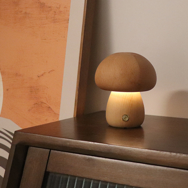 INS Wooden Mushroom LED Night Light – Touch-Controlled Bedside Lamp for Bedroom & Nursery